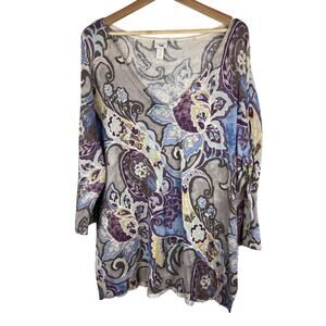 Chico's Women's 3 Gray Purple Blue Floral V-Neck Lightweight Pullover Sweater